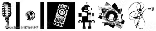 Vintage Microphone, Remote Control, Robot, Camera, Headphones Black & White Vector