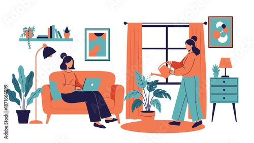Two women relaxing in a cozy, plant-filled living room, one working on a laptop on the sofa and the other watering plants by the window.