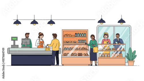 A bustling scene inside a grocery store or bakery with customers shopping and paying at the checkout counter, and staff serving behind the deli.