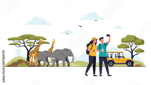 A couple of tourists taking a selfie on an African safari, with elephants and giraffes in the background and a safari jeep nearby.