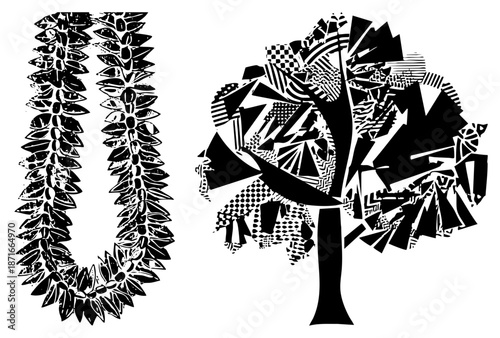 Abstract Black and White Hawaiian Lei and Geometric Tree Vector Art