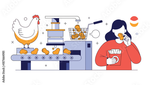 A conceptual illustration of the chicken nugget production process, from a live chicken on a conveyor belt to a woman eating the fried product.