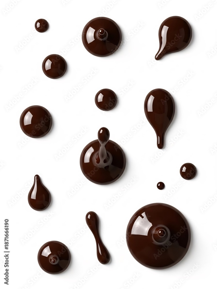 Fototapeta premium 白背景に散らばる光沢のある濃いチョコレートのしずくのクローズアップ写真