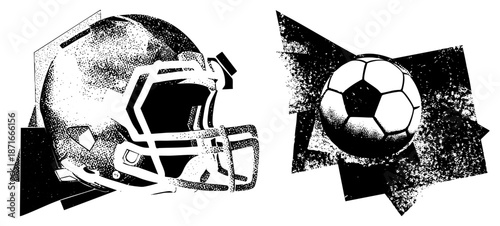 American Football Helmet and Soccer Ball in Halftone Vector Design