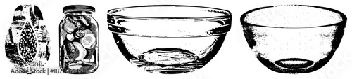 Vintage Glass Jar with Pickled Vegetables and Ceramic Bowls in Halftone Vector Style