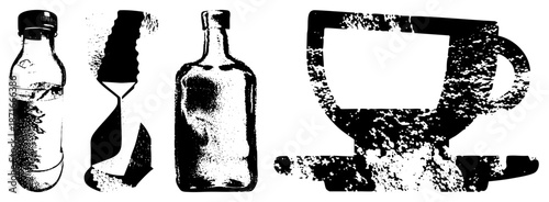 Vintage Bottle, Hourglass, Flask, and Coffee Cup Silhouettes in Halftone Style