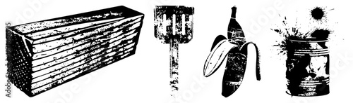 Vintage Wooden Crate, Spatula, Banana, and Spray Paint Can in Grunge Vector Style