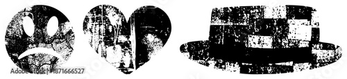 Grunge Textured Symbols Sad Face, Heart, and Fedora Hat