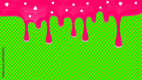 Abstract ice cream drip illustration. Dripping candy illustration background. Pink ice cream drip illustration. Fast food ice cream with love topping. Hand-drawn of strawberry milk drip on waffle.
