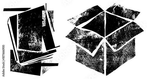 Abstract Geometric Book and Open Box Silhouettes with Halftone Texture