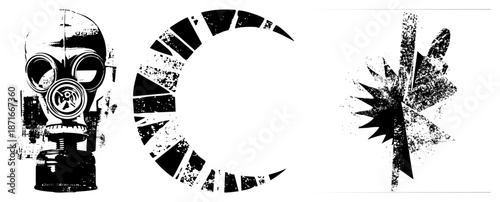 Grunge Styled Gas Mask, Moon, and Abstract Starburst Vector