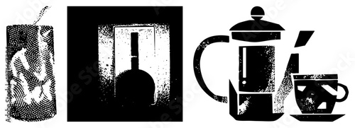 Vintage Tea Bag, Coffee Scoop, French Press & Mug Silhouettes in Halftone