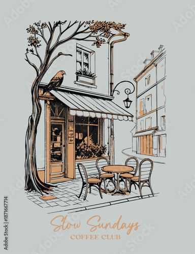 Foto Vintage European Café Street Illustration Slow Sundays Coffee Club Hand Drawn De