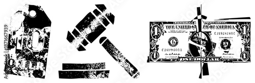 Grunge Styled Auction Hammer, Price Tag, and Dollar Bill