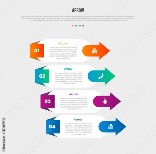 Arrow base shape infographics gradient template diagram with round rectangle stacked vertical unbalance with 4 point step creative