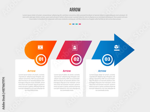 Arrow base shape infographics gradient template diagram with big arrow with slice cut on square box container with 3 point step creative