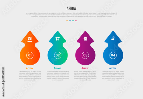 Arrow base shape infographics gradient template diagram with big circle liquid arrow smooth with top direction with 4 point step creative