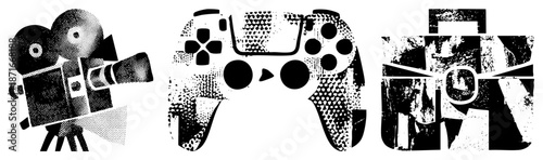 Vintage Film Camera, Gaming Controller, and Briefcase in Halftone Vector Style