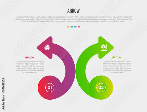 Arrow base shape infographics gradient template diagram with creative arrow curl and swirl bending curve opposite direction with 2 point step creative