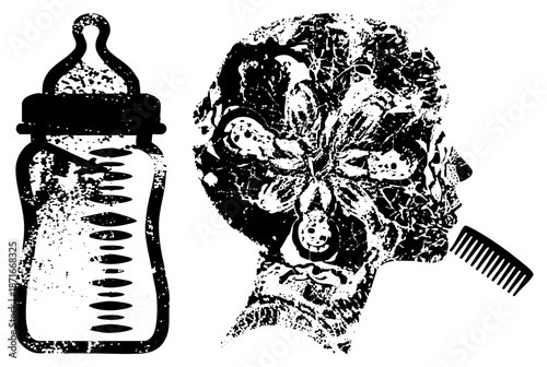 Baby Bottle and Distorted Human Head with Comb in Grunge Vector Style