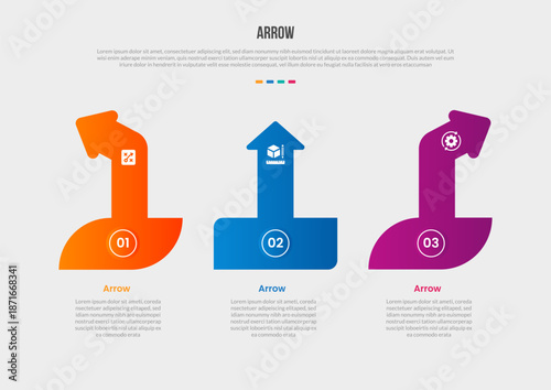Arrow base shape infographics gradient template diagram with big shape foundation with arrow spreading all direction with 3 point step creative