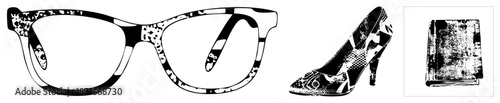 Stylish Eyeglasses, High Heeled Shoe, and Vintage Book Vector Set