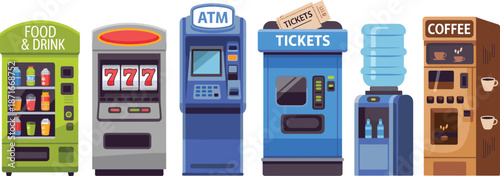 Flat vector vending machines set featuring food drink snack slot ATM ticket water coffee dispensers isolated illustration for modern services