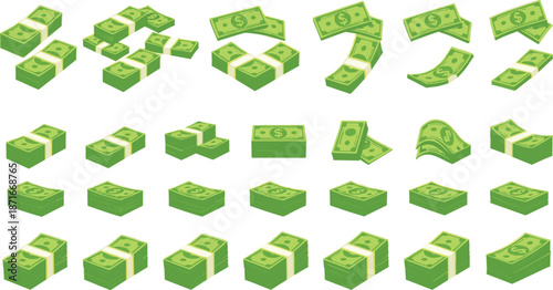 Stacks and Bundles of Green Dollar Banknotes Illustration SetStacks and Bundles of Green Dollar Banknotes Illustration Set
