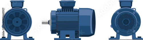 Industrial electric motor vector illustration showing front side rear views heavy duty machinery equipment engineering power technology design