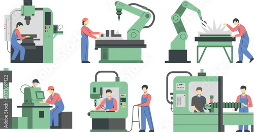 Industrial manufacturing factory illustration with CNC machines robotic arms workers operating milling equipment flat vector production automation concept