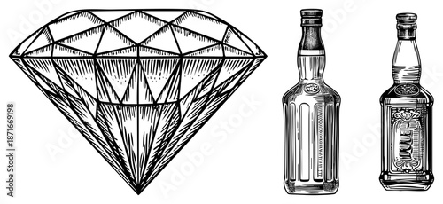 Hand Drawn Diamond and Vintage Alcohol Bottles in Detailed Art