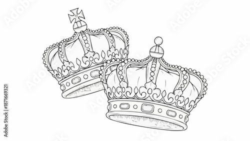 Two ornate royal crowns depicted in a detailed black and white sketch.