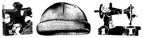 Three Objects in Halftone Vector Style Puzzle, Beanie, Sewing Machine