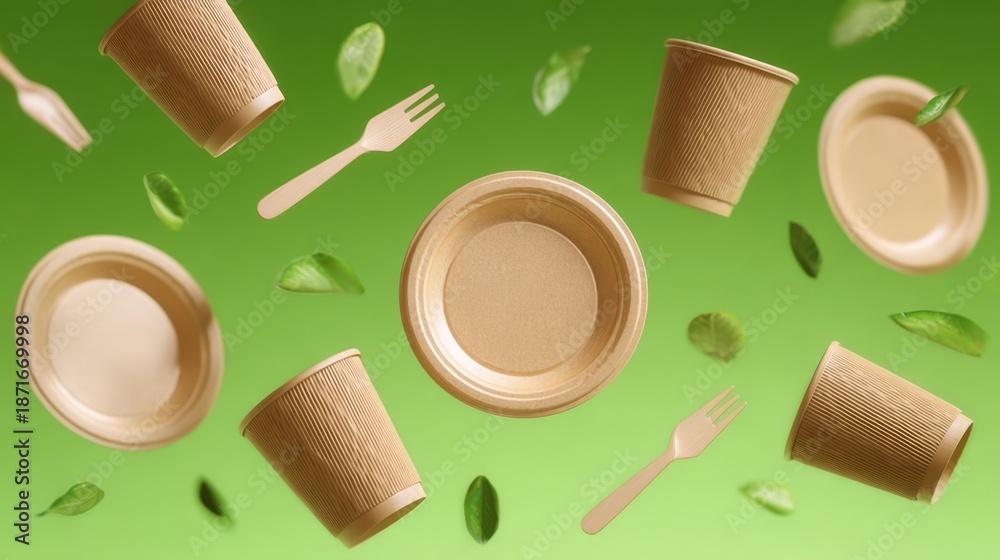 Naklejka premium Biodegradable cups, plates, and forks float among green leaves on a vibrant backdrop, illustrating sustainable dining, zero waste lifestyle, and environmentally conscious branding concepts.