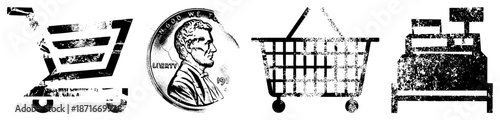 Grunge Textured Shopping Cart, Penny, and Cash Register