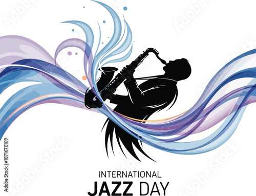 A silhouette of a jazz musician playing a saxophone with colorful flowing lines, celebrating International Jazz Day on a white background. Perfect for music events, festival promotions, and