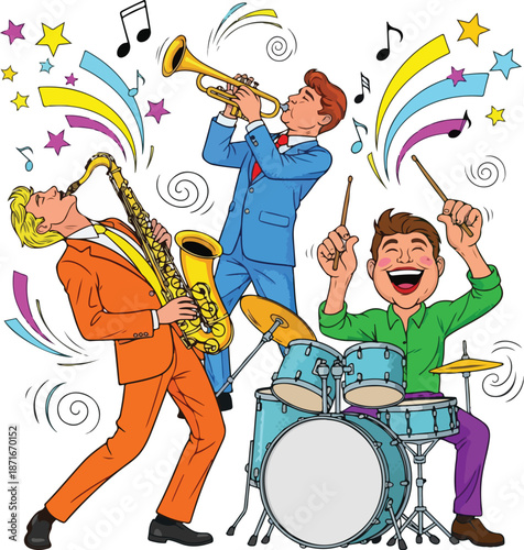Three cartoon musicians playing jazz instruments with colorful music notes and stars around them. Perfect for International Jazz Day, music posters, and educational materials.