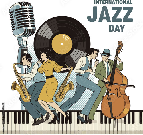 A colorful illustration of musicians playing jazz instruments, dancing on piano keys with a microphone and vinyl record behind them, celebrating International Jazz Day in a vibrant and