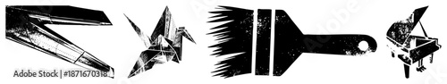Abstract Black and White Vector of Piano, Origami Crane, Paintbrush, and Scissors