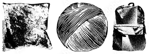Textured Pillow, Yarn Ball, and Backpack in Bold Halftone Vector Illustration