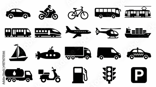 Collection of Various Transportation Icons and Symbols.