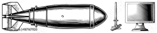 Vintage Bomb, Computer Monitor, and Wooden Stake Vector Illustration