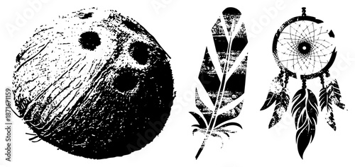 Vintage Grunge Coconut, Feather, and Dreamcatcher Tribal Symbols