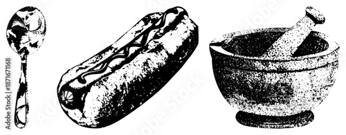 Vintage Halftone Spoon, Hot Dog, and Mortar Pestle Set
