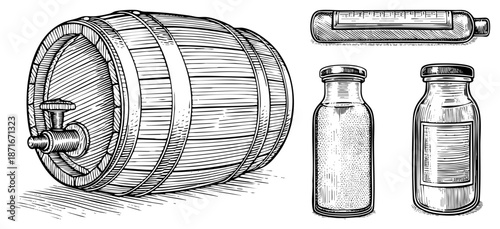 Hand Drawn Wooden Wine Barrel and Glass Bottles with Measurement Tube