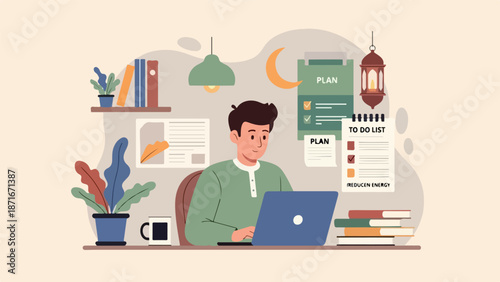 A man in a green shirt working on a laptop surrounded by books and Ramadan decorations, with a productive atmosphere. Perfect for ramadan productivity, business, and education materials.