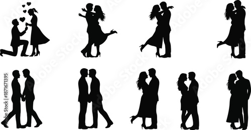 Collection of romantic couple silhouettes showing love, proposal, dancing, and hugging poses