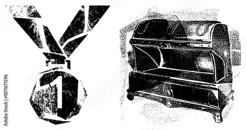 First Place Medal and Vintage Chest with Distinctive Halftone Texture