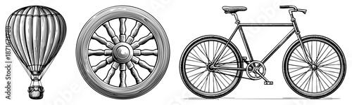 Vintage Hot Air Balloon, Wooden Spoked Wheel, Classic Bicycle Vector Set