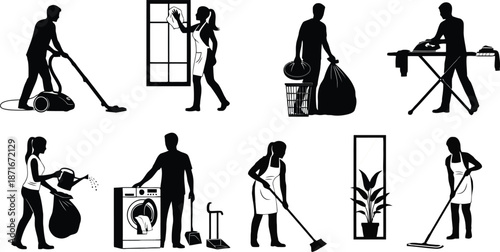 Set of silhouettes representing various household cleaning and chores activities